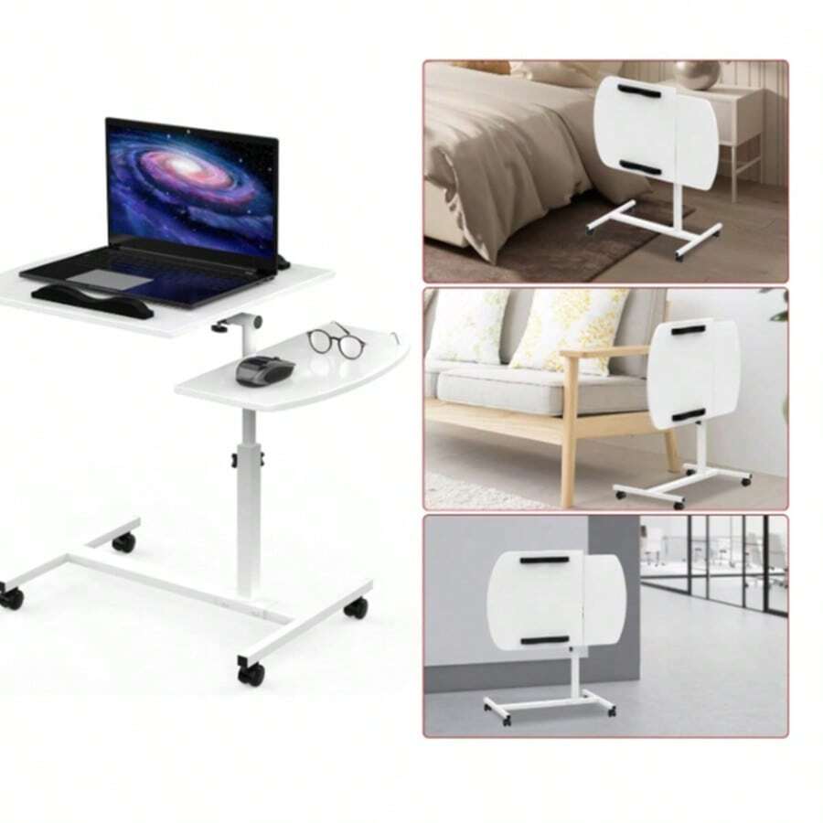 Laptop Table With Wheels, Dining Room Table, Height-Adjustable Laptop Table 61.5-95cm With Wheels, Mobile Side Table - Office Desk Side Table - Wooden Stand With Mouse Holder, Mobile Standing Desk, Bedside Table With Wheels, Height-Adjustable Laptop Stand Mouse Holder Mobile Standing Desk 60*40CM, Foldable, 360° Side Table With 4 Wheels - trắng - Xem 1
