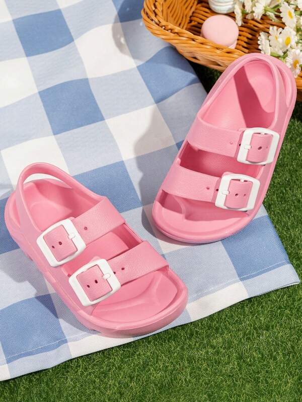 1 Pair Unisex Summer Sandals, Flat Children Shoes, Slip-On Slippers, Open Toe, Pink/White Button, Vacation/Beach/Daily Wear Design