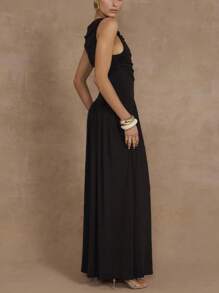 conciso Elegante ärmellose schwarze schlanke plissierte Damen Maxi Kleider mit Bootsausschnitt für Partys im Sommer