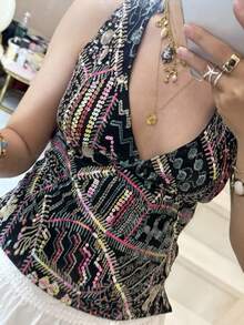 Women Sequin Beaded Halter Tops Y2k Sparkly Sleeveless Hanging Neck Slim Fit Crop Tank Top Summer Backless Low Cut Glitter Cami Vests Shirts Cute Going Out Tops Vintage Aesthetic Clothes Beach Vacation Party Streetwear - 黑色 - 查看 4