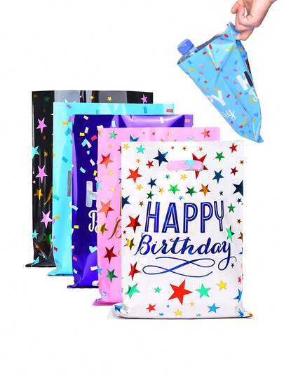 50个装 - 10.43*6.5英寸 生日快乐星星派对礼品袋，生日糖果袋，5色礼品袋，带提手，适合男孩女孩生日派对、婴儿派对、迎婴派对礼品袋（款式随机）