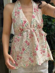 Women Lace Floral Halter Tank Tops Deep V Neck Backless Ruffle Camisole Y2K Bodycon Going Out Vest Streetwear - Apricot - View 1