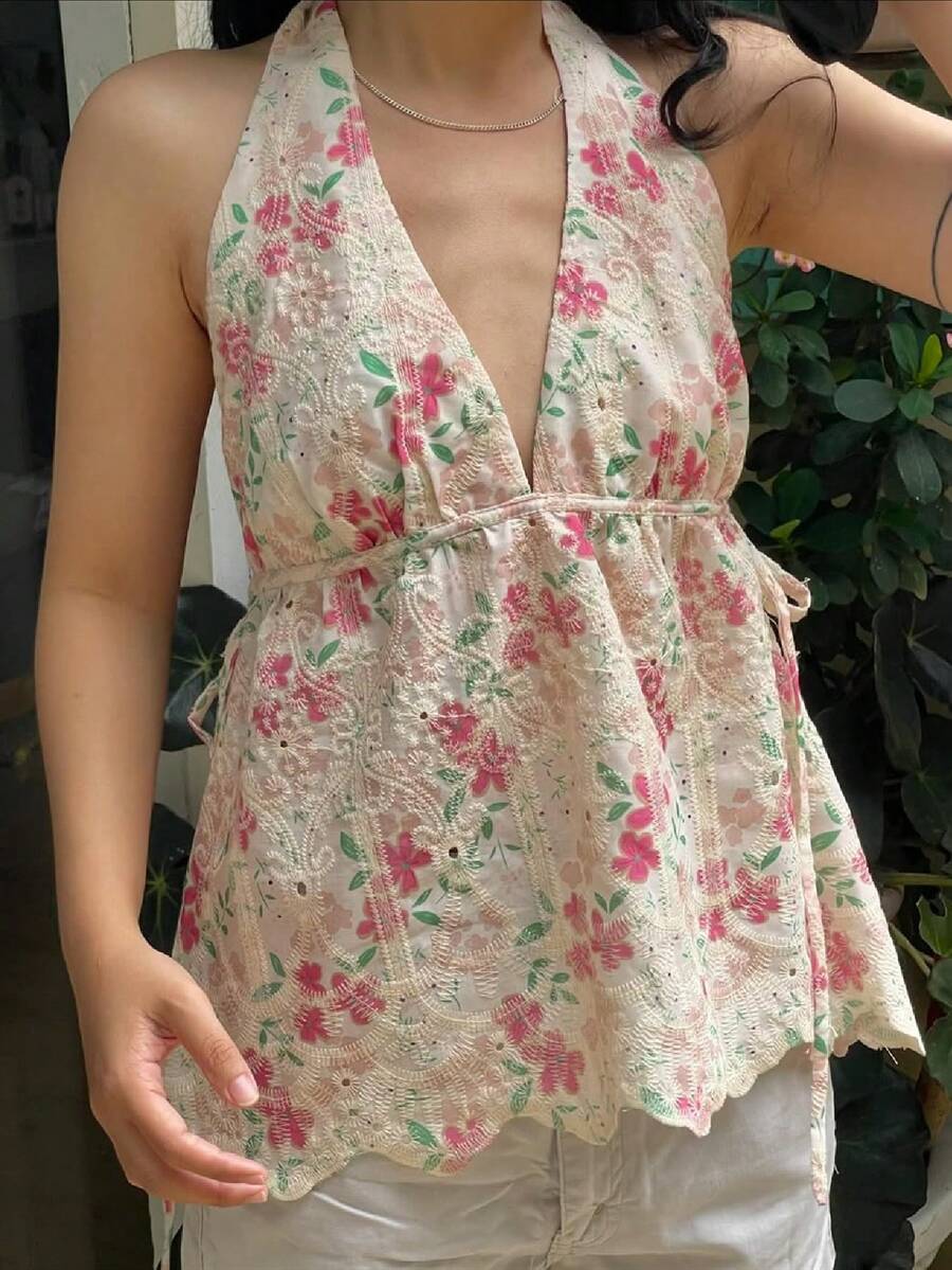 Women Lace Floral Halter Tank Tops Deep V Neck Backless Ruffle Camisole Y2K Bodycon Going Out Vest Streetwear - Apricot - View 1