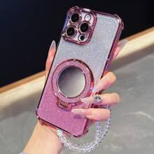 Nuevo estuche antideslizante de 4 esquinas para teléfono + cuerda colgante con perla de papel brillante rosa + espejo de maquillaje circular brillante rosa con soporte magnético integrado, compatible con Galaxy I-Phone 16 Pro 16Pro Max, Sam-Sung S25/S25Plus/S25Ultra, XM HW Redmi A5, Oppo