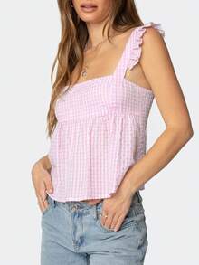 Women Teens Y2k Babydoll Tank Top Lace Trim V Neck Ruffle Flowy Crop Cami Top Summer Preppy Clothes Streetwear - 粉色 - 查看 2