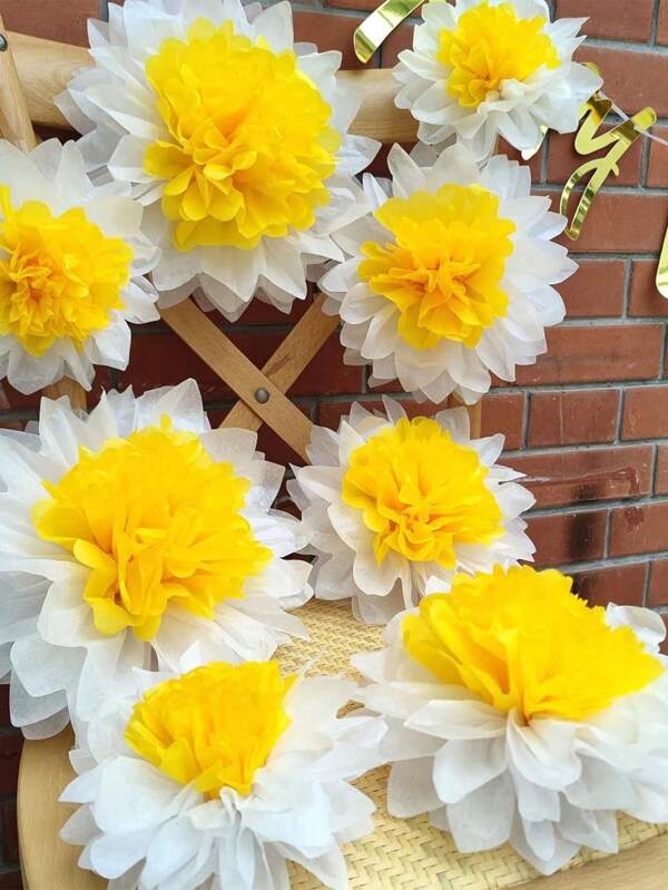 6pcs Daisy Flower Party Decorations White Tissue Pom Poms For Classroom Wedding Birthday Party Backdrop Home Decoration