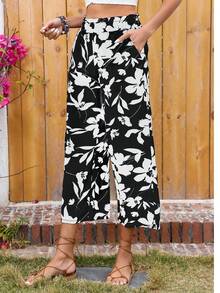 女士七分裤夏季休闲裤度假装女士阔腿裤 - 黑白花 - 查看 4