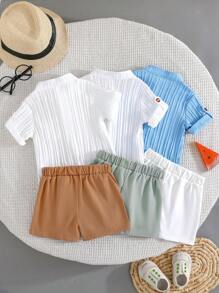 Set da 6 pezzi Outfit per bambini maschio, composto da camicia con colletto alla coreana e pantaloncini comodi, in stile britannico