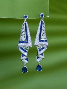 1 par de pendientes colgantes largos y simétricos de plata bañada en plata con circonita cúbica azul, joyería de CZ para mujeres, adecuada para boda, compromiso, baile de promoción, club nocturno, concurso