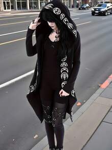 Cárdigan Con Capucha Para Mujer Con Patrón De Brujería, Estilo Gótico, Mangas Largas Con Capucha,Gótico Diablo Con Capucha,Fiesta Sudaderas de Mujer - Negro - Ver 5