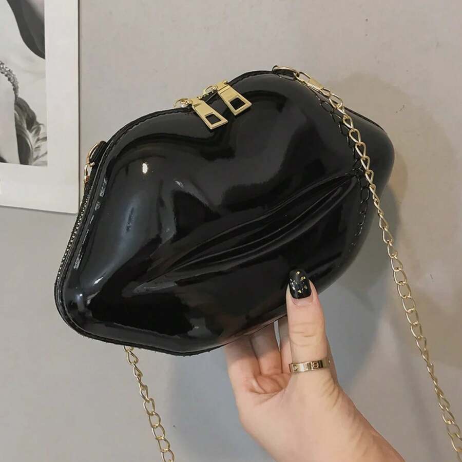 Solid Color Lips Women PVC Crossbody Handbags Chain Messenger Bags Shoulder Evening Party Clutch Fashion Mini Zipper Bags, School Backpack