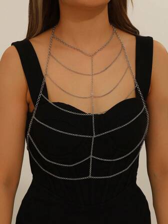 1 件金属银色身体链性感胸链沙滩饰品