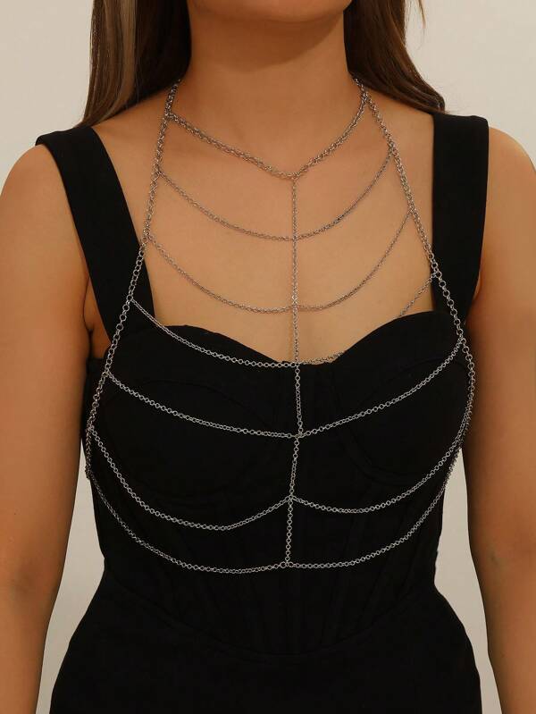 1 قطعة سلسلة ملبوسة معدنية فضية للصدر والجسم مجوهرات شاطئية جميلة