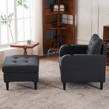 Juego de sillón tapizado en gris oscuro y otomana de almacenamiento - Sofá individual cómodo con portavasos y detalles acolchados, ideal para sala de estar o dormitorio - Gris oscuro + metal + espuma - Ver 3