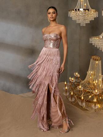 Faeriesty Women Elegant Elegant Solid Sparkly Sequin Strapless Gown With Multi-Layer Fringed Skirt | Luxury Evening Look For Galas, Weddings Or Formal Events,Summer Holiday Outfits