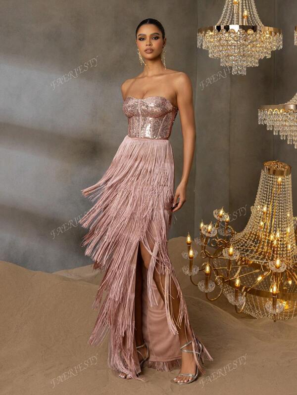 Faeriesty Elegante vestido de noche con lentejuelas sólidas y sin tirantes, con falda de múltiples capas con flecos | Look de lujo para galas, bodas o eventos formales