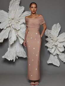 Off Shoulder Handmade Beaded Bodycon Bandage Dress, Sexy & Fitted, Suitable For Family Gatherings, Parties, Formal Events - Apricot - View 1