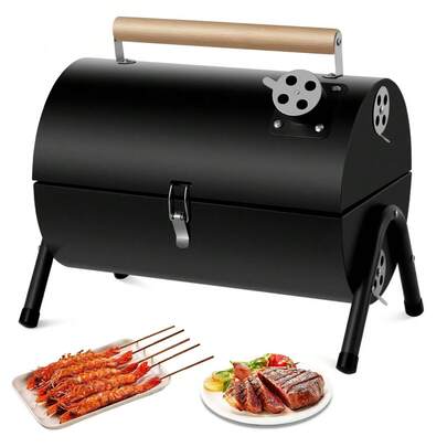Compact Portable Charcoal Grill Barrel - Double Sided Collapsible Design, Great For Outdoor Cooking And Camping, Black Stainless Steel Smoker With Wooden Handle, Great For Grilling Shrimp, Meats And Vegetables, Outdoor Cooking Grill | Barrel Grill | Easy Lift Lid For...