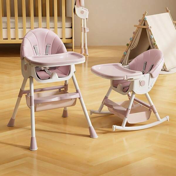 3-in-1 Baby-Hochstuhl, Schaukelpferd, höhenverstellbar, mit 5-Punkt-Gurt, ab Geburt bis 6 Jahre, Weiß/Rosa/Grün