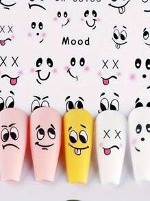 2 Cartoon Cute And Rich Facial Expression Nail Art Stickers - Black, White, Red, Pink Smile, Mischievous, Angry, Intoxicated Expression Art Design, 3D Flat Technology, Suitable For Women's Disposable Self-Adhesive Nail Art Stickers, Cartoon Cute Theme Style, Easy To Stick Nail Decoration Stickers