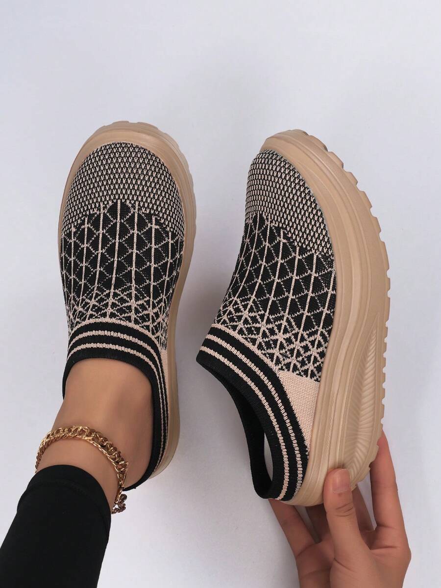 Zapatillas de suela gruesa con diseño juvenil de color contrastante y sin cordones - Zapatos de malla transpirable antideslizantes, adecuados para trotar y caminar al aire libre