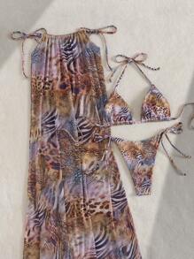 3pcs Women Summer Halter Strap Floral Print Skirt And Bikini Swimsuit Set