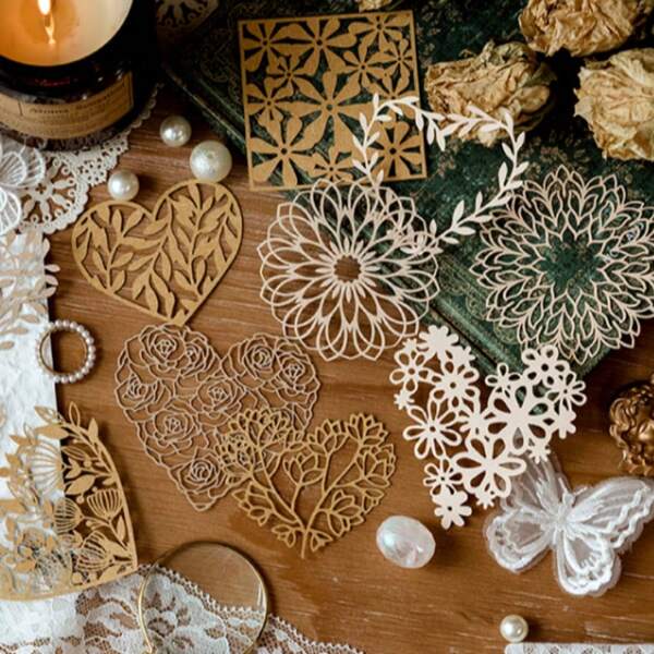 10pcs/Pack Hollow Flower Pattern Decorative Paper Supplies, Suitable For Scrapbooking, Art Collage