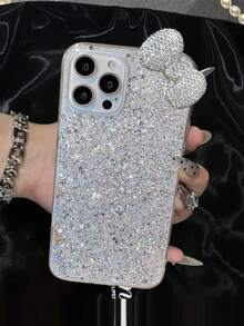Sequins 1pc Shiny Glitter Resin Bowknot Embellished Phone Case Compatible With IPhone 16 Pro Max, Y7 Prime (2019)/Y7 Pro (2019)/Y7 (2019)/Enjoy 9, Compatible With Redmi Note 9S, Compatible With Galaxy A54 - White - View 1