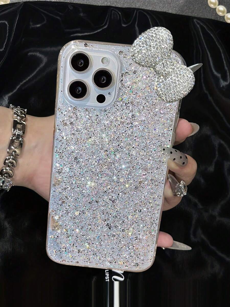 Sequins 1pc Shiny Glitter Resin Bowknot Embellished Phone Case Compatible With IPhone 16 Pro Max, Y7 Prime (2019)/Y7 Pro (2019)/Y7 (2019)/Enjoy 9, Compatible With Redmi Note 9S, Compatible With Galaxy A54 - White - View 1