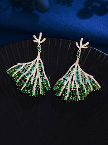 1 pereche de cercei lungi placați cu aur, cu zirconiu cubic verde și albastru, cu design de fustă, pentru femei, accesorii pentru nuntă, logodnă, banchet, petrecere, bal, pentru mirese, domnișoare de onoare, prietene, cadou pentru fiice