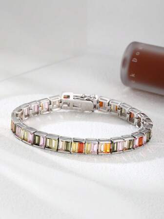 1pc 925 Sterling Silver Plated White Gold Inlaid Colorful Square Cubic Zirconia Classic High Precision Twelve Constellation Stone Bracelet, Suitable For Daily Wear By Women