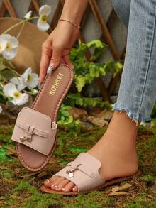 Women's Light Pink Flat Sandals, Open Toe With Metal Tassel Decor, Elegant Casual Versatile Beach Shoes Summer New Style - Baby Pink - View 3