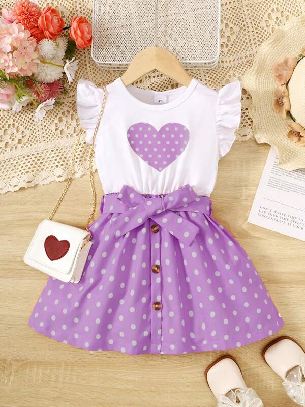 Vestido de princesa sin mangas con cuello redondo, estampado de corazones y lunares, patchwork, adecuado para niñas de 4 a 7 años, para uso en exteriores, calle, escuela y uso diario