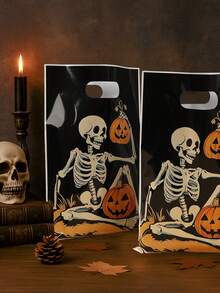 10/25/50Pcs Halloween Gift Bag,Pumpkin And Skeleton Pattern Gift Wrapping Bag With Black Base,Halloween Gift Packaging Bag,Halloween Candy Bag,Halloween Snack Food Storage Bag,Halloween Party Favor Bag,Tote Bag,Trick Or Treat Decoration For Halloween,Halloween Party Decorations,Happy Halloween Decor,Festival Home Gathering Favors,Holiday Party Supplies,Fall Decor