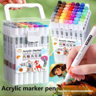 12/24/36 /48 Color Acrylic Marker Set With Storage Box - Waterproof, Non-Fading, Multi-Purpose Markers For Drawing, Inking, Coloring, Cartoon, And Crafts - Medium Point, Ideal For Layering And Holiday Gifts
