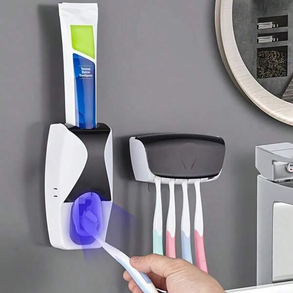 1 Set Automatic Toothpaste Dispenser Toothbrush Holder Punch-Free Wall-Mounted Toothbrush Holder Bathroom Accessories Back To School