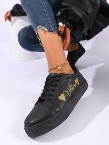 Personalized Heart Design Sneakers, Customizable Glitter Text Name, Birthday, Anniversary, Classmate, Family, Bridesmaid, Bride Gift, Holiday, Couple Casual Shoes - Black - View 8