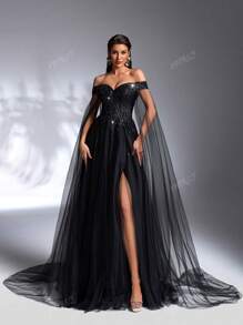 IBTRLY Elegant Black Off Shoulder V-Neck Mesh Full-Dress Formal Party Evening Dress
