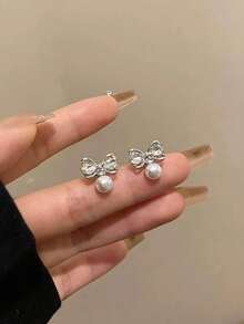 1 对优雅仿珍珠蝴蝶结心形水钻美人鱼公主风格耳环，理想的礼物选择 - 彩色 - 查看 6