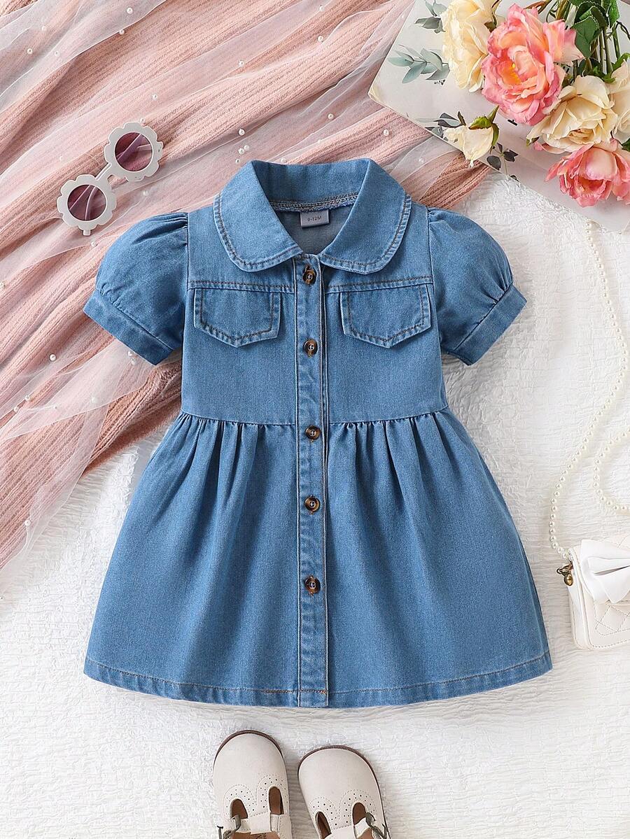 Baby Casual Button Front Puff Sleeve Denim Dress, Infant Girls Girls Daily Wear/Festival/Party Dress, As Gift - Dark Wash - View 1