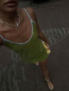 Women Solid Color Spaghetti Strap Sleeveless Dress Summer Sparkle Sequins Mini Party Dress For Vacation Cocktail Beach Streetwear - màu xanh lá - Xem 2