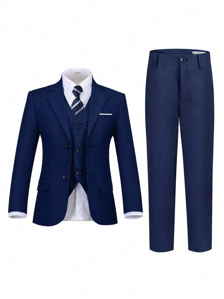 Conjunto de traje formal de 5 piezas para niños, conjunto de esmoquin para niños pequeños, traje de padrino de boda, chaqueta de traje, chaleco, pantalones, camisa, corbata, azul marino, talla 6-16 años - Azul Marino - Añade 6