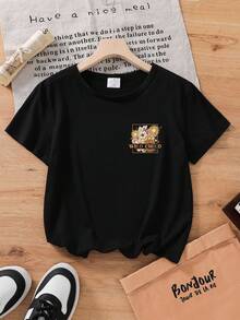 Camiseta de manga corta con estampado creativo de letras y flores para niñas jóvenes - Negro - Ver 2