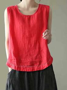 Women's Tank Tops Summer Causal Versatile Solid Color Plus Size Loose Sleeveless Linen Shirt - Red - View 5