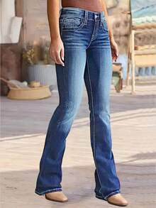 Women's High - Waisted Flared Blue Denim Jeans | Stretch, Embroidered Decorative Back Pocket, Body - Hugging, Retro - Inspired, Versatile - Dark Wash - View 4