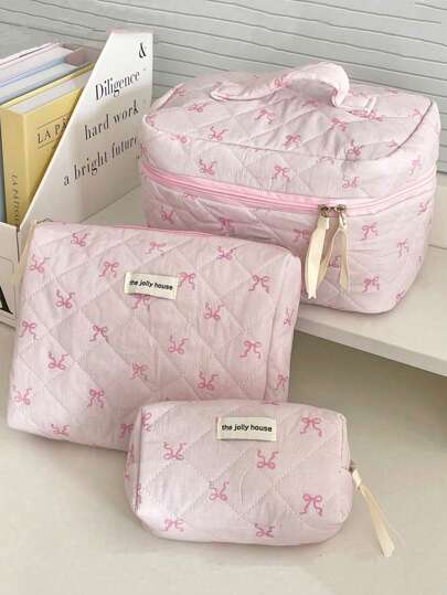 1/3/Set Flower And Bowknit Print Balletcore Travel Cosmetic Bag Large Capacity Cosmetic Bag,Makeup Bag Makeup Pouch Skincare Bag Toiletry Bag Packing Cubes,Travel Essentials Cruise Essentials Dorm Essentials,Wedding Bridesmaid Gifts,Mom Gifts,Birthday Gifts,Gifts For Friends And Teachers,Home Decor,Bedroom Decor,Jewelry Organizer,Lip Oil Organizer,Nail Polish Organizer For Mother's Day Gift ,Wedding Party Gift