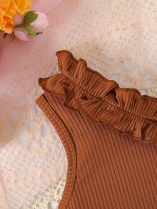 女童荷叶边吊带背心 + 向日葵印花蝴蝶结短裤 2 件套 - 棕色 - 查看 3