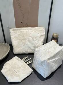 1 件/套白色背景刺绣叶子图案折叠拉链化妆包，L/M/S 尺寸，时尚 Y2K 多功能盥洗包，大容量化妆包，化妆包，化妆包，护肤包，洗漱包，储物盒，旅行必备品，海滩度假必备品，宿舍必备品，伴娘礼物，母亲节礼物，生日礼物，送给朋友和老师的礼物，家居装饰，卧室装饰，珠宝收纳盒，唇彩收纳盒，指甲油收纳盒 - [H&R BAG] - 白色 - 查看 1