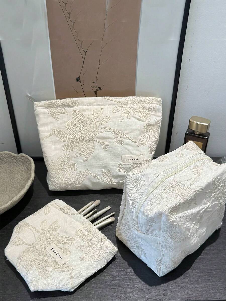 1 件/套白色背景刺绣叶子图案折叠拉链化妆包，L/M/S 尺寸，时尚 Y2K 多功能盥洗包，大容量化妆包，化妆包，化妆包，护肤包，洗漱包，储物盒，旅行必备品，海滩度假必备品，宿舍必备品，伴娘礼物，母亲节礼物，生日礼物，送给朋友和老师的礼物，家居装饰，卧室装饰，珠宝收纳盒，唇彩收纳盒，指甲油收纳盒 - [H&R BAG] - 白色 - 查看 1