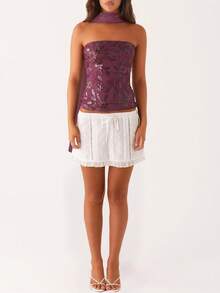 Women Y2K Sequin Tube Top With Neck Scarf Sparkly Floral Bandeau Cami Pearl Embellished Glitter Rhinestone Going Out Shirt - 中紫紅色 - 查看 3
